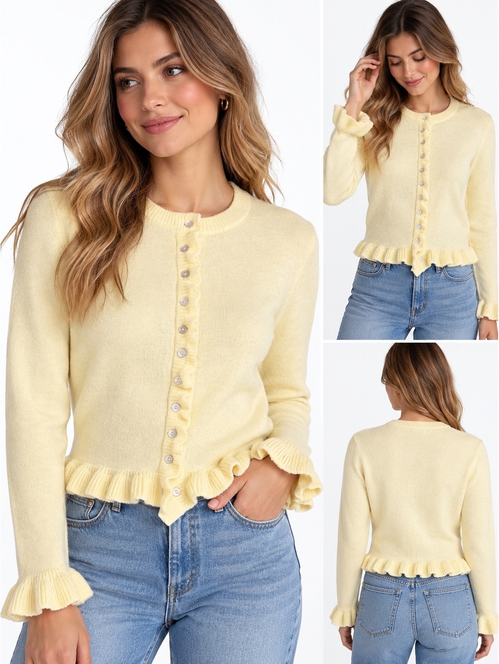 Zara Yellow Ruffle Trim Button-Up Cardigan Sweater Size S